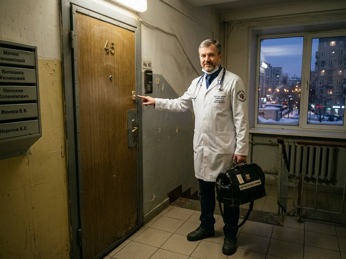 Врач-нарколог мужчина средних лет в белом халате с медицинским чемоданчиком стоит у двери московской квартиры, готовый к выезду, вечер, профессиональный вид